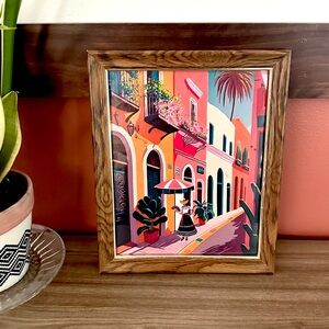 Vtg Style Mexican Cityscape Colorful Woman Town Canvas Art Print Framed Wall Art